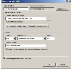 configuration pour ajouter un site sur iis